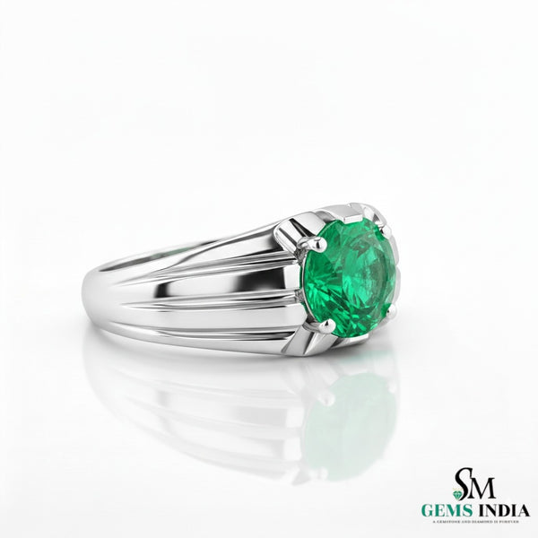 Natural Men's Vivid Green Emerald Ring: 18k Solid Gold Wedding Band