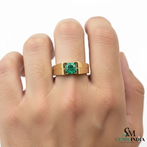 Men's 18k Gold Emerald Ring: Round Green Gemstone, May Birthstone