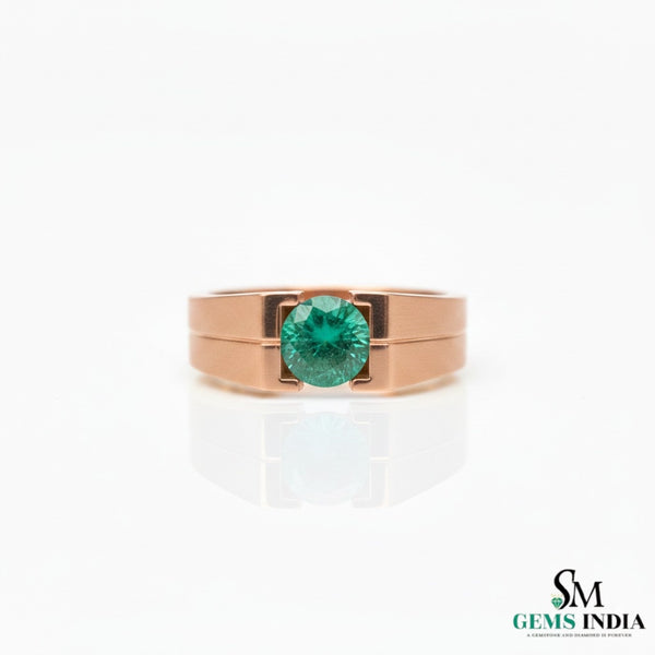 Men's 18k Gold Emerald Ring: Round Green Gemstone, May Birthstone
