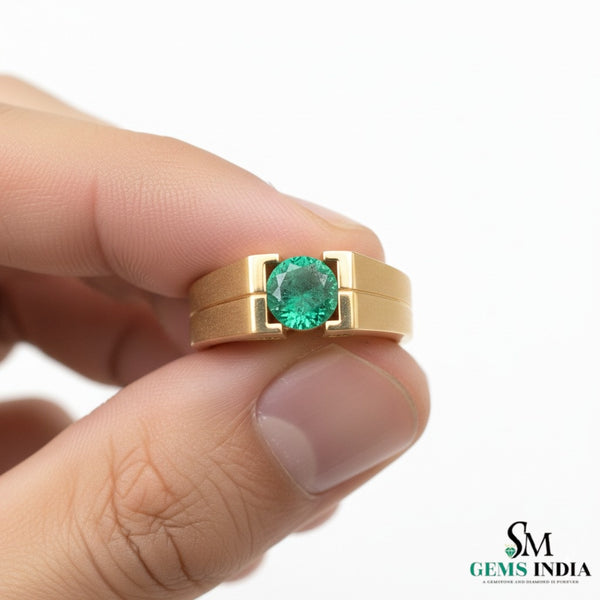Men's 18k Gold Emerald Ring: Round Green Gemstone, May Birthstone