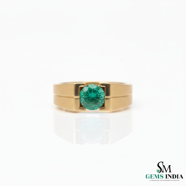 Men's 18k Gold Emerald Ring: Round Green Gemstone, May Birthstone