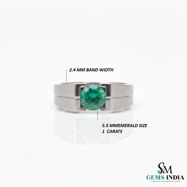 Men's 18k Gold Emerald Ring: Round Green Gemstone, May Birthstone