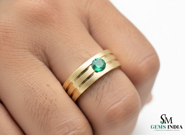 14k Solid Gold Men's Emerald Band Ring: Art Deco Wedding Anniversary