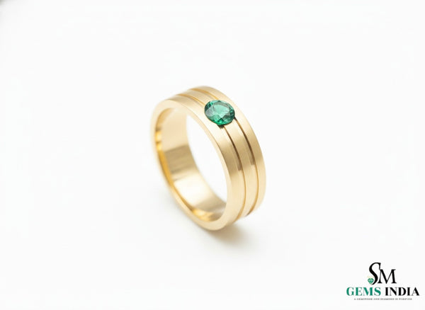14k Solid Gold Men's Emerald Band Ring: Art Deco Wedding Anniversary