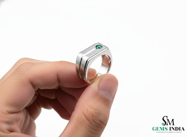 Round Natural Emerald Men's Band In 14k Gold / Men's Engagement Ring For Women And Girls / Men's Wedding Band