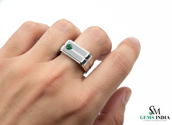 Round Natural Emerald Men's Band In 14k Gold / Men's Engagement Ring For Women And Girls / Men's Wedding Band