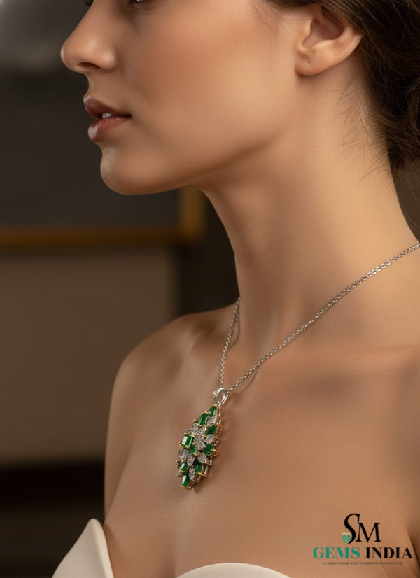 Square and Pear Natural Green Emerald Flower Burst Pendant with Moissanite Accents