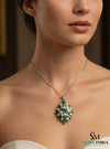 Square and Pear Natural Green Emerald Flower Burst Pendant with Moissanite Accents