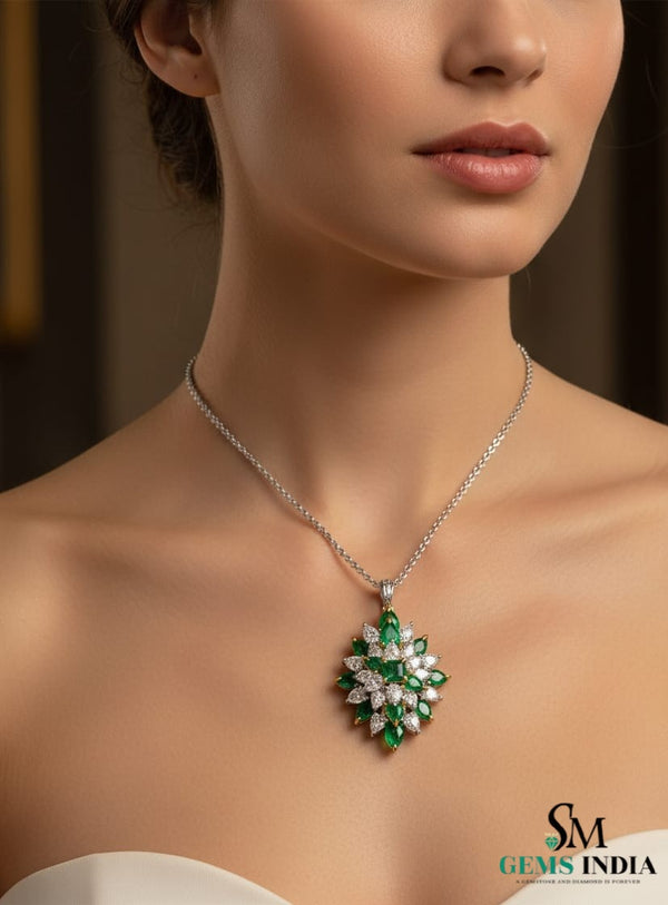Square and Pear Natural Green Emerald Flower Burst Pendant with Moissanite Accents