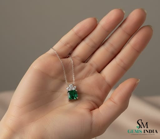 Emerald Cut Green Emerald Pendant with Diamond Cluster Bail Pendant