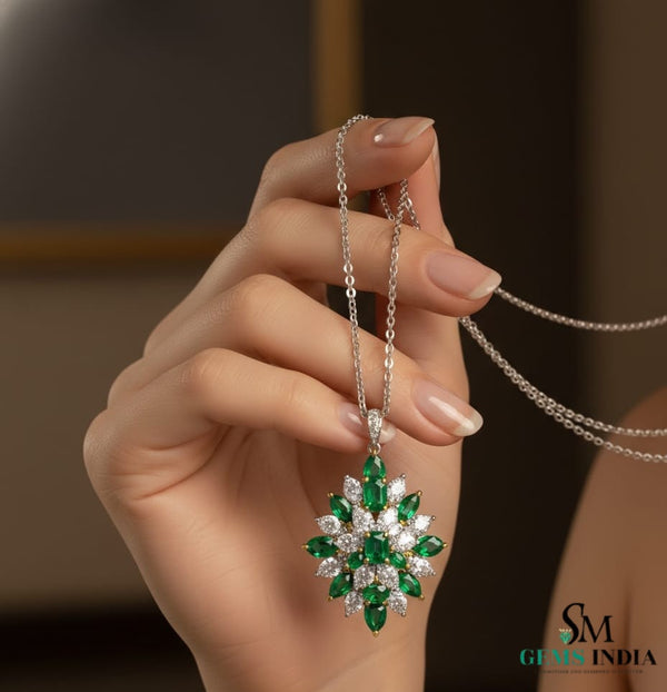 Square and Pear Natural Green Emerald Flower Burst Pendant with Moissanite Accents