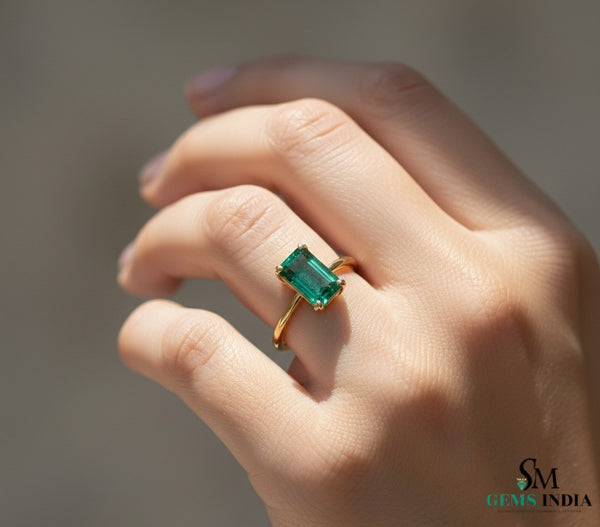0.90 Carat Emerald-Cut Green Emerald Solitaire Ring - Green Gemstone Jewelry