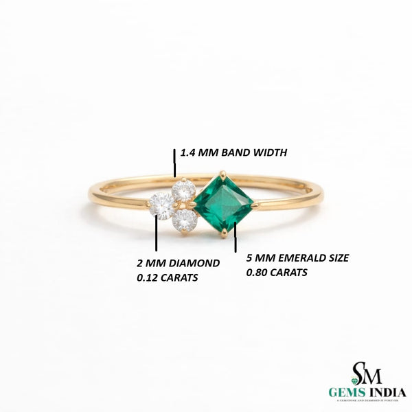 Princess Cut Green Emerald Ring with Trio Diamond Accent Cluster – Minimalist Fine Jewelry