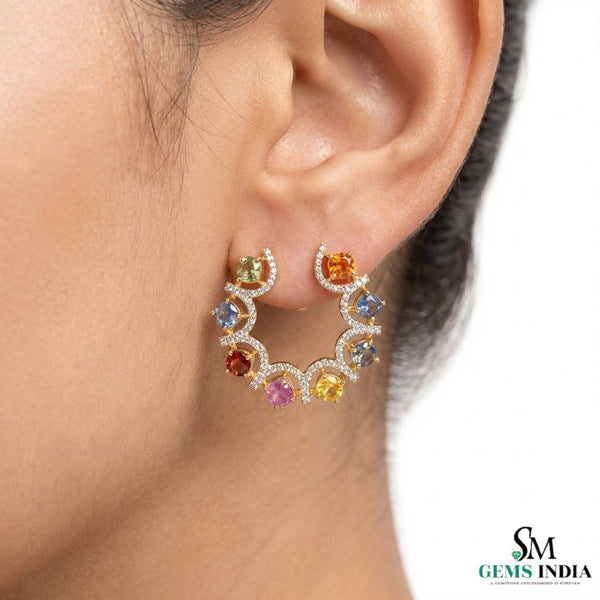 Cushion Gemstone Multicolor Sapphire & Diamond Open Hoop Earrings