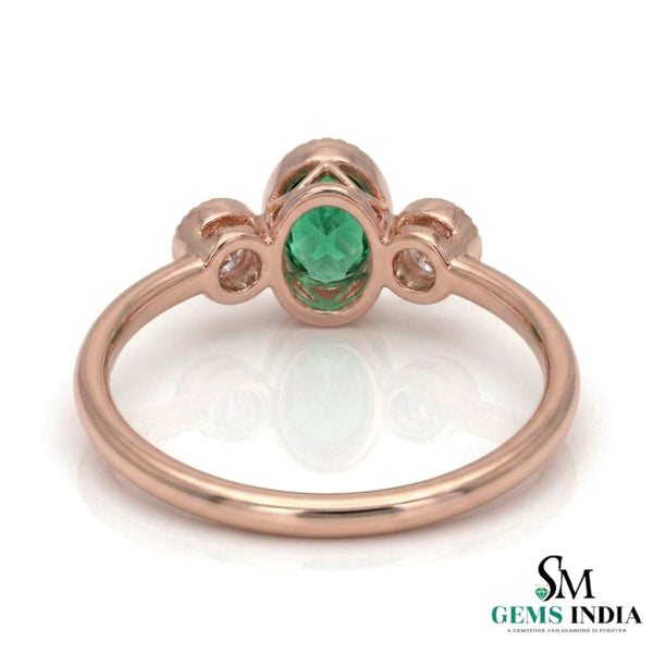 Fine 14K Gold Oval Emerald Ring with Two Round Diamonds