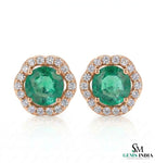 Round Emerald & Diamond Halo Stud Earrings in 14K Gold - Everyday Jewelry