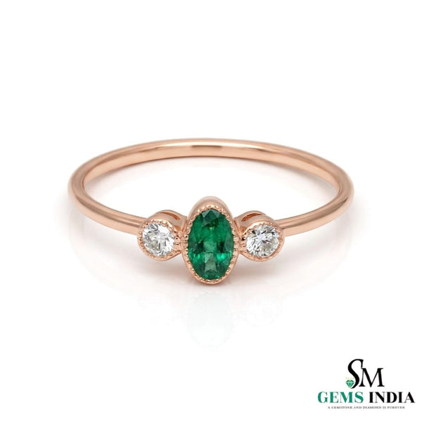 Fine 14K Gold Oval Emerald Ring with Two Round Diamonds