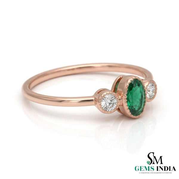 Fine 14K Gold Oval Emerald Ring with Two Round Diamonds