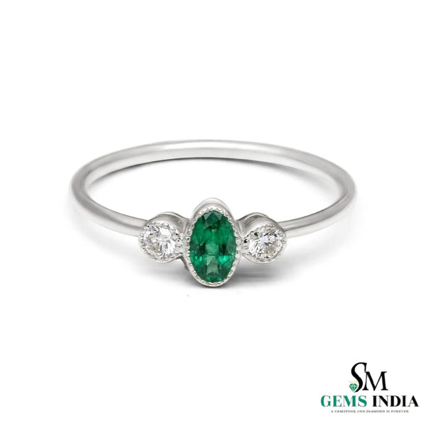 Fine 14K Gold Oval Emerald Ring with Two Round Diamonds