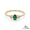 Fine 14K Gold Oval Emerald Ring with Two Round Diamonds