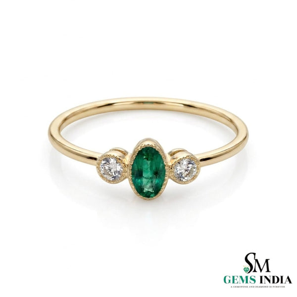 Fine 14K Gold Oval Emerald Ring with Two Round Diamonds