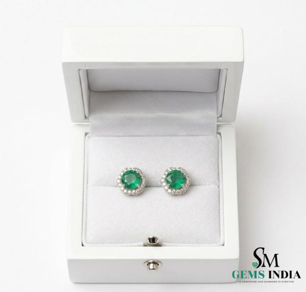 Round Emerald & Diamond Halo Stud Earrings in 14K Gold - Everyday Jewelry