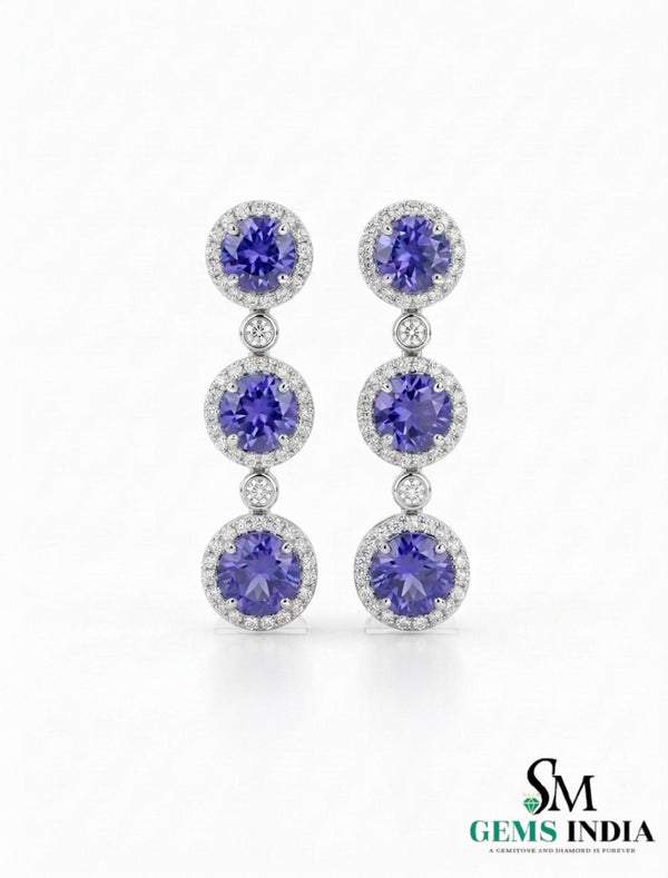 Round Tanzanite Triple Halo Diamond Dangle Earrings