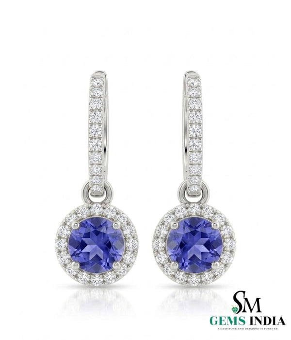 Round Tanzanite Triple Halo Diamond Dangle Earrings - Fine Jewelry