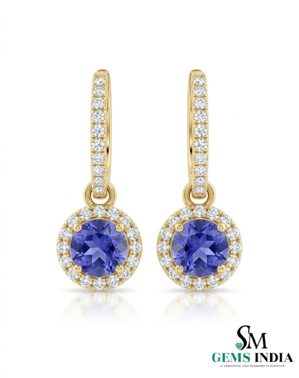 Round Tanzanite Triple Halo Diamond Dangle Earrings - Fine Jewelry