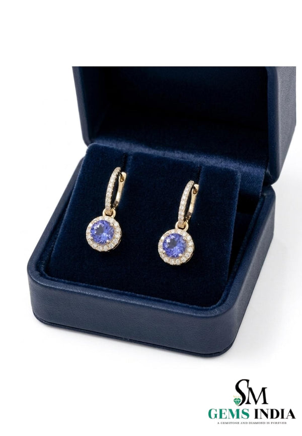Round Tanzanite Triple Halo Diamond Dangle Earrings - Fine Jewelry