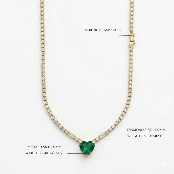 Luxury Heart Cut Emerald Necklace with Diamond Tennis Chain