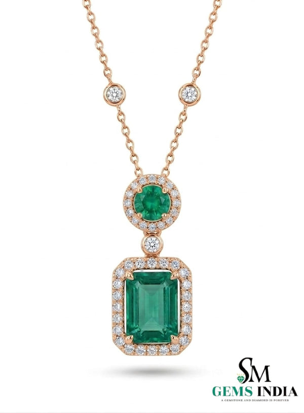 Emerald Cut Emerald Halo Pendant Necklace with Round Emerald & Diamond Accents