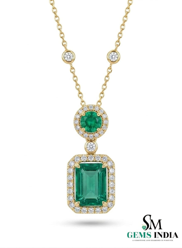 Emerald Cut Emerald Halo Pendant Necklace with Round Emerald & Diamond Accents