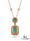 Emerald Cut Emerald Halo Pendant Necklace with Round Emerald & Diamond Accents