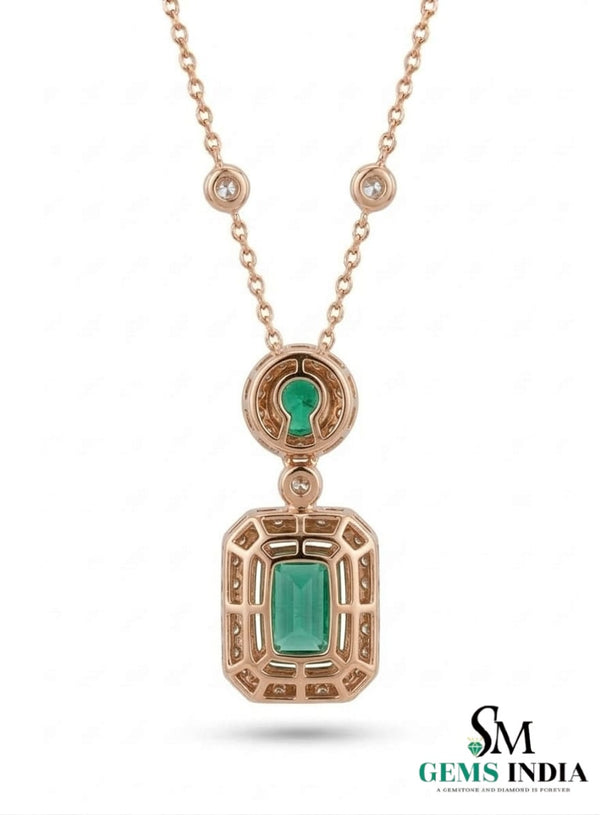 Emerald Cut Emerald Halo Pendant Necklace with Round Emerald & Diamond Accents