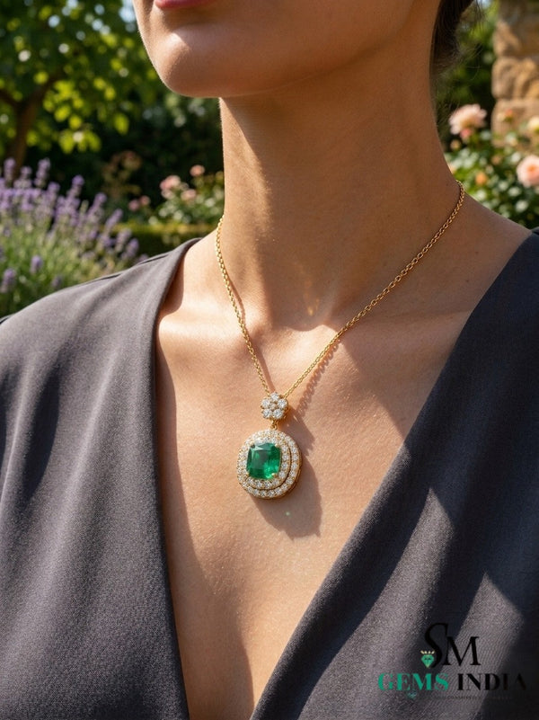 Cushion Cut Natural Emerald Pendant with Diamond Halo - Minimalist Fine Jewelry