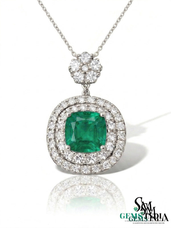Cushion Cut Natural Emerald Pendant with Diamond Halo - Minimalist Fine Jewelry