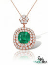 Cushion Cut Natural Emerald Pendant with Diamond Halo - Minimalist Fine Jewelry