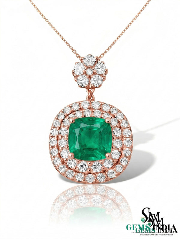 Cushion Cut Natural Emerald Pendant with Diamond Halo - Minimalist Fine Jewelry