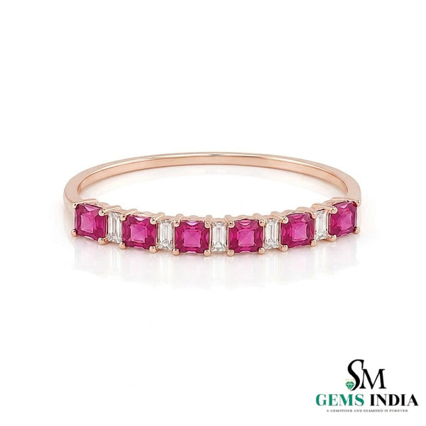 Princess Cut Ruby Ring with Baguette Diamonds - Minimalist Fine Jewelry