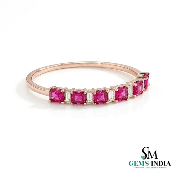 Princess Cut Ruby Ring with Baguette Diamonds - Minimalist Fine Jewelry