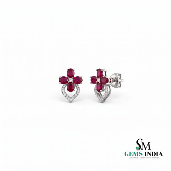 Ruby Floral Oval Halo Stud Earrings - Diamond Accent Flower Fine Jewelry