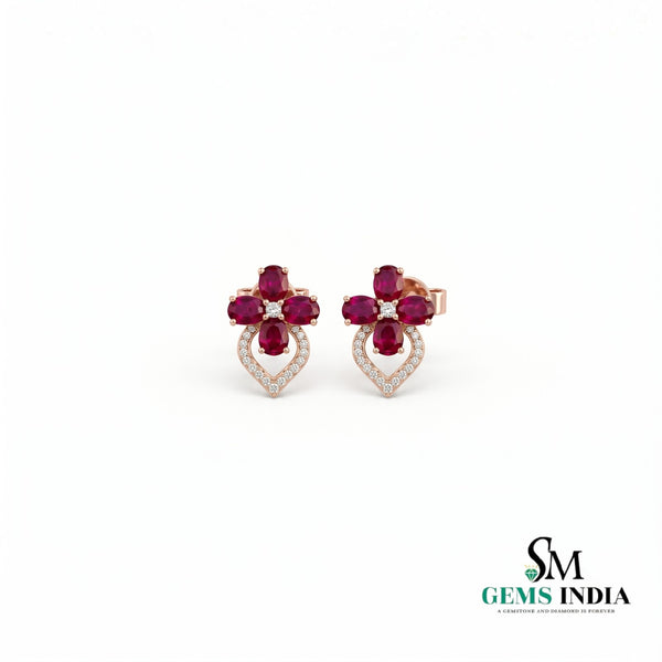 Ruby Floral Oval Halo Stud Earrings - Diamond Accent Flower Fine Jewelry