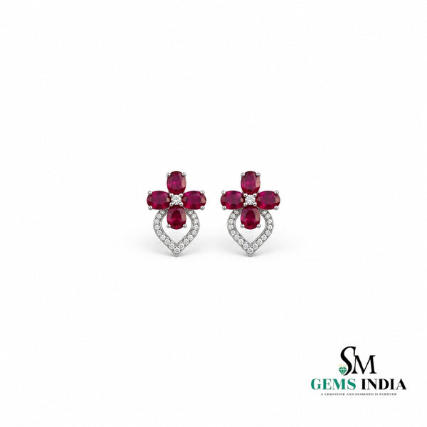 Ruby Floral Oval Halo Stud Earrings - Diamond Accent Flower Fine Jewelry