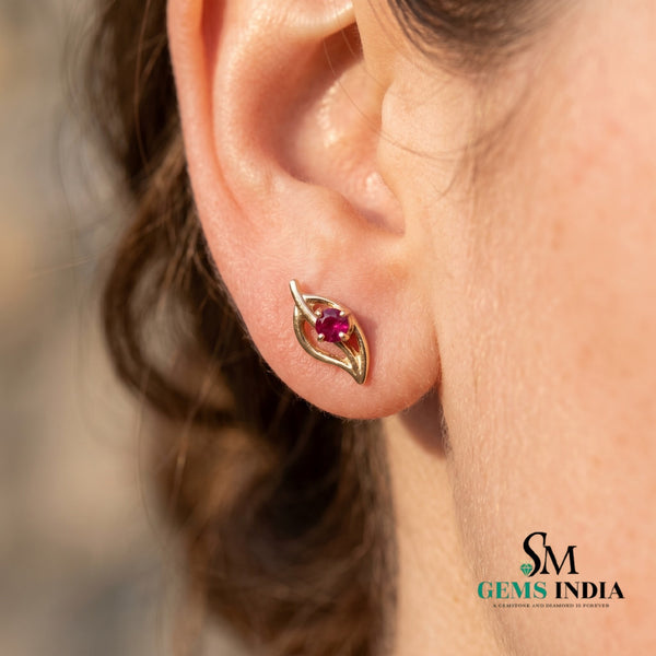 Nature Inspired Round Ruby Leaf Studs - Fine Jewelry for Women