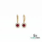 Round Ruby & Diamond Halo Drop Hoop Earrings - Floral Gemstone Earrings