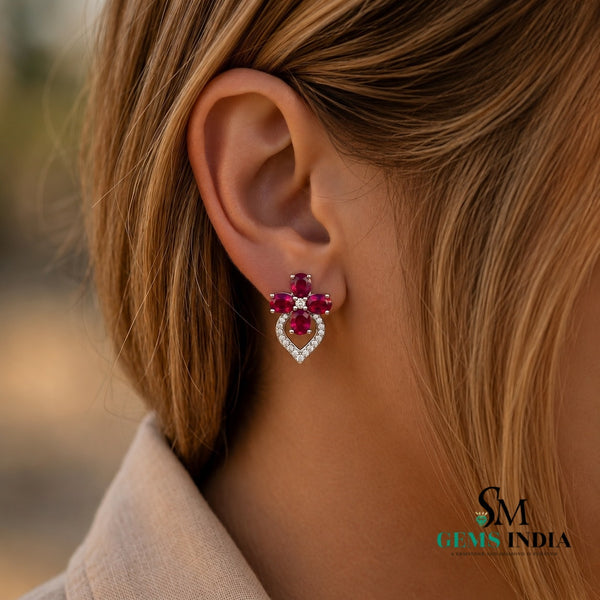 Ruby Floral Oval Halo Stud Earrings - Diamond Accent Flower Fine Jewelry