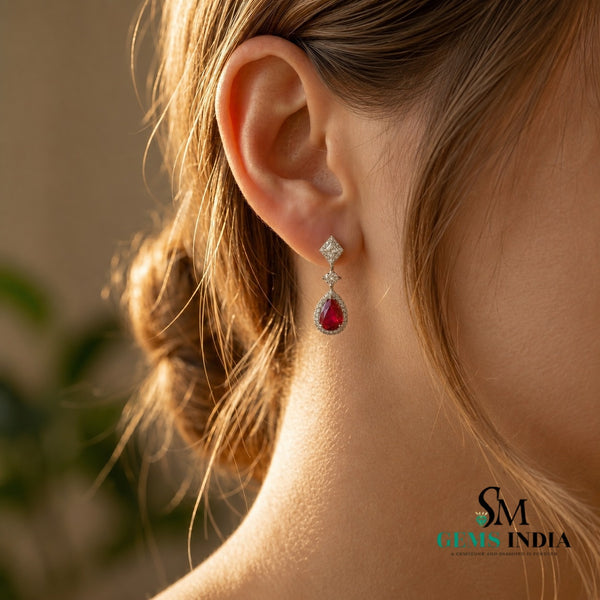 Pear Cut Ruby Dangle Earrings in 14K Gold - Diamond Accent Earrings