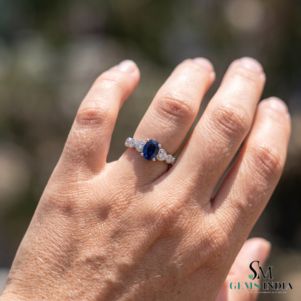 Oval Blue Sapphire Ring With Sparkling Diamond Details - Promise ring
