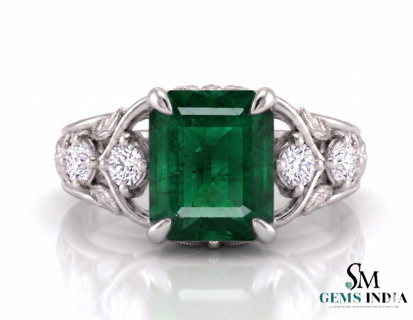2.80 carat Octagon Natural Emerald And Diamond Engagement Ring in 18k gold Gift For Her